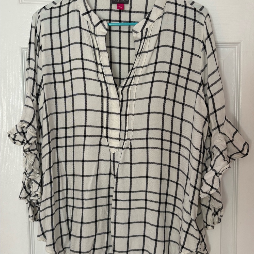 Vince Camuto Black and Cream Checkered Blouse